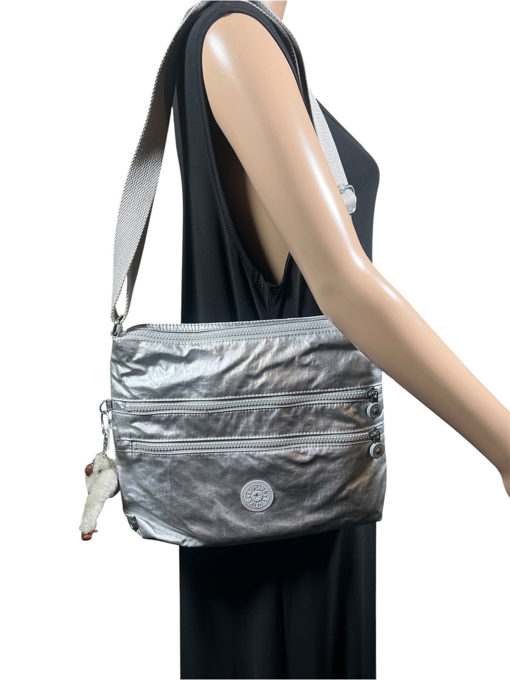 Kipling Silver Medium Triple Zip Crossbody Bag Monkey Charm + Wallet
